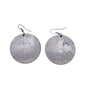 Silver Tone Vintage Textured Round Metal Disk Dangle Earrings
